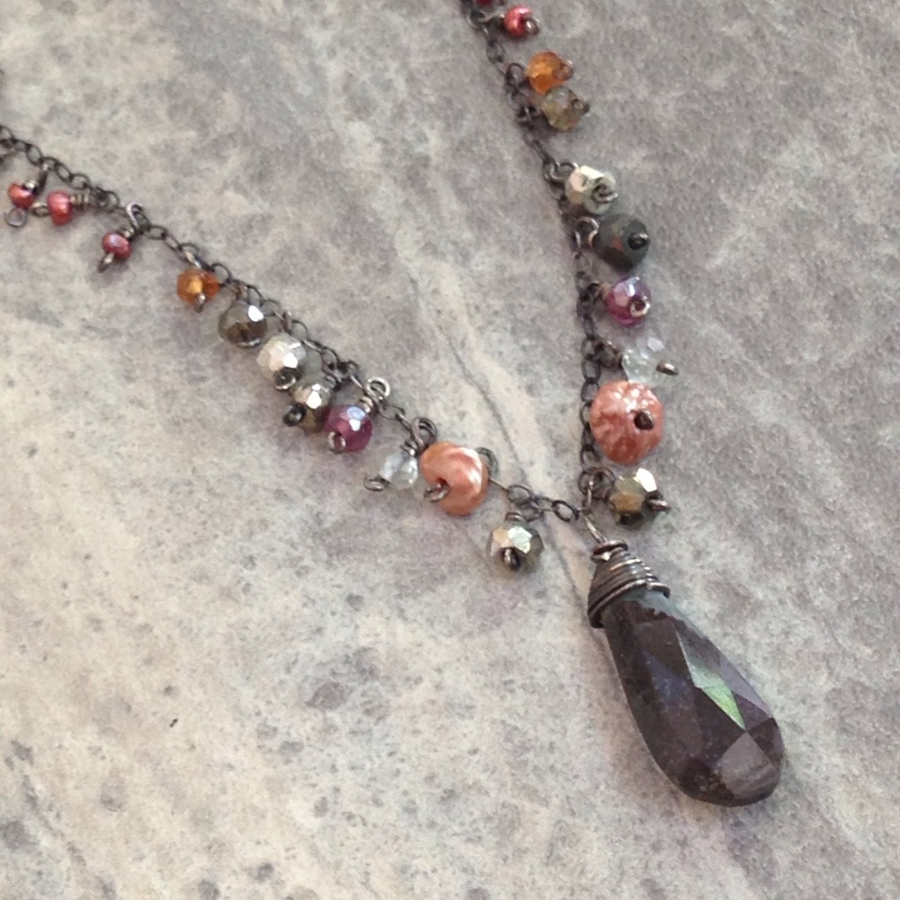 Prehnite necklace with pearls gems black sterling